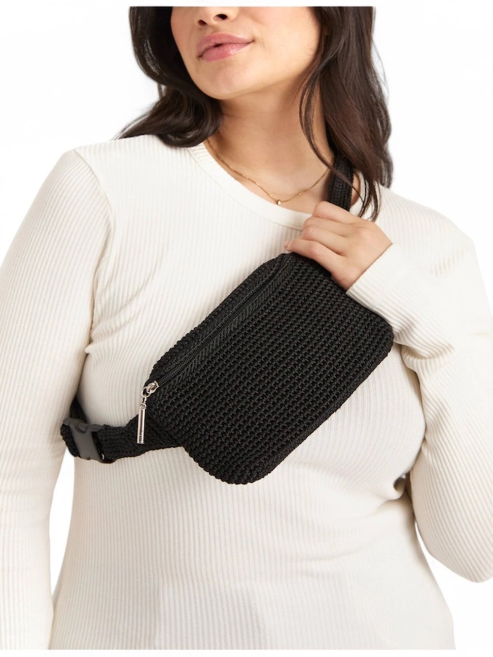 Woven Zip-Top Black Crossbody Belt Bag